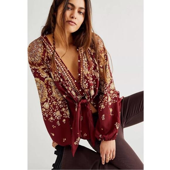FREE PEOPLE Run Free Blouse Chocolate Combo Boho Flowy Tunic Size S - Picture 4 of 7